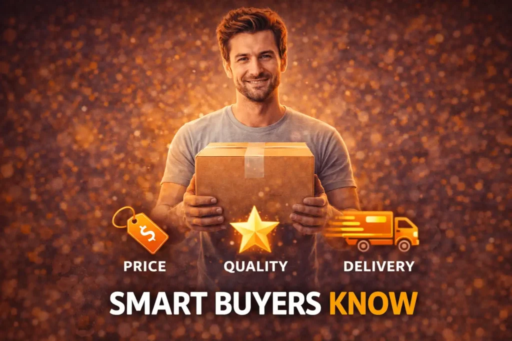 happy buyer aliexpress smart shopping price quality delivery balance concept illustration