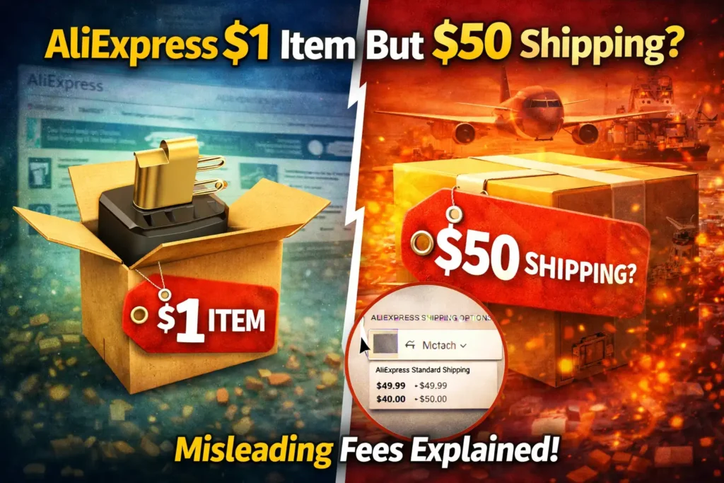 aliexpress $1 product with $50 shipping cost mismatch cheap item expensive delivery issue