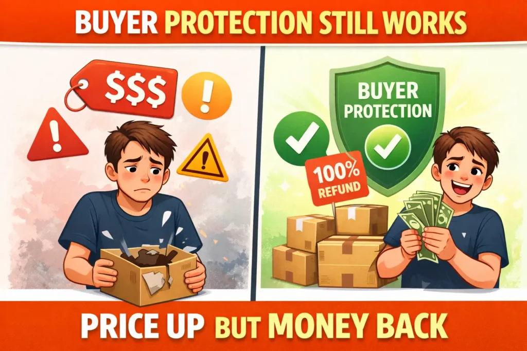 aliexpress buyer protection refund broken item refund illustration price increase but money back concept