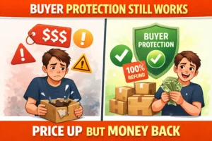 aliexpress buyer protection refund broken item refund illustration price increase but money back concept