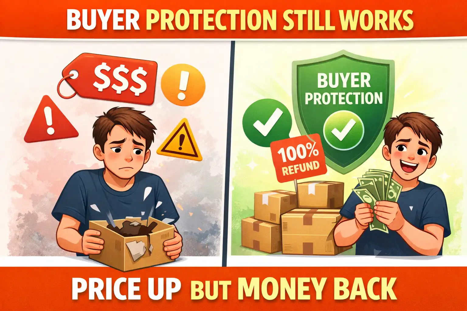 aliexpress buyer protection refund broken item refund illustration price increase but money back concept