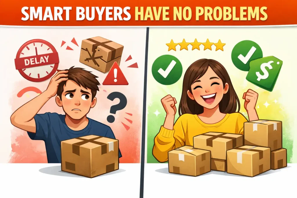 happy vs frustrated aliexpress buyer comparison smart shopping strategy illustration