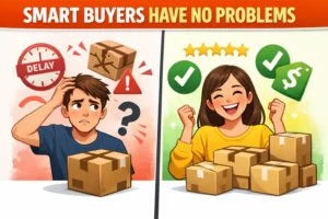 happy vs frustrated aliexpress buyer comparison smart shopping strategy illustration